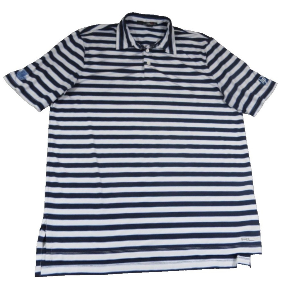 RLX Ralph Lauren Polo Shirt Men Large L Blue White Striped HP Golf GW Logo Sport